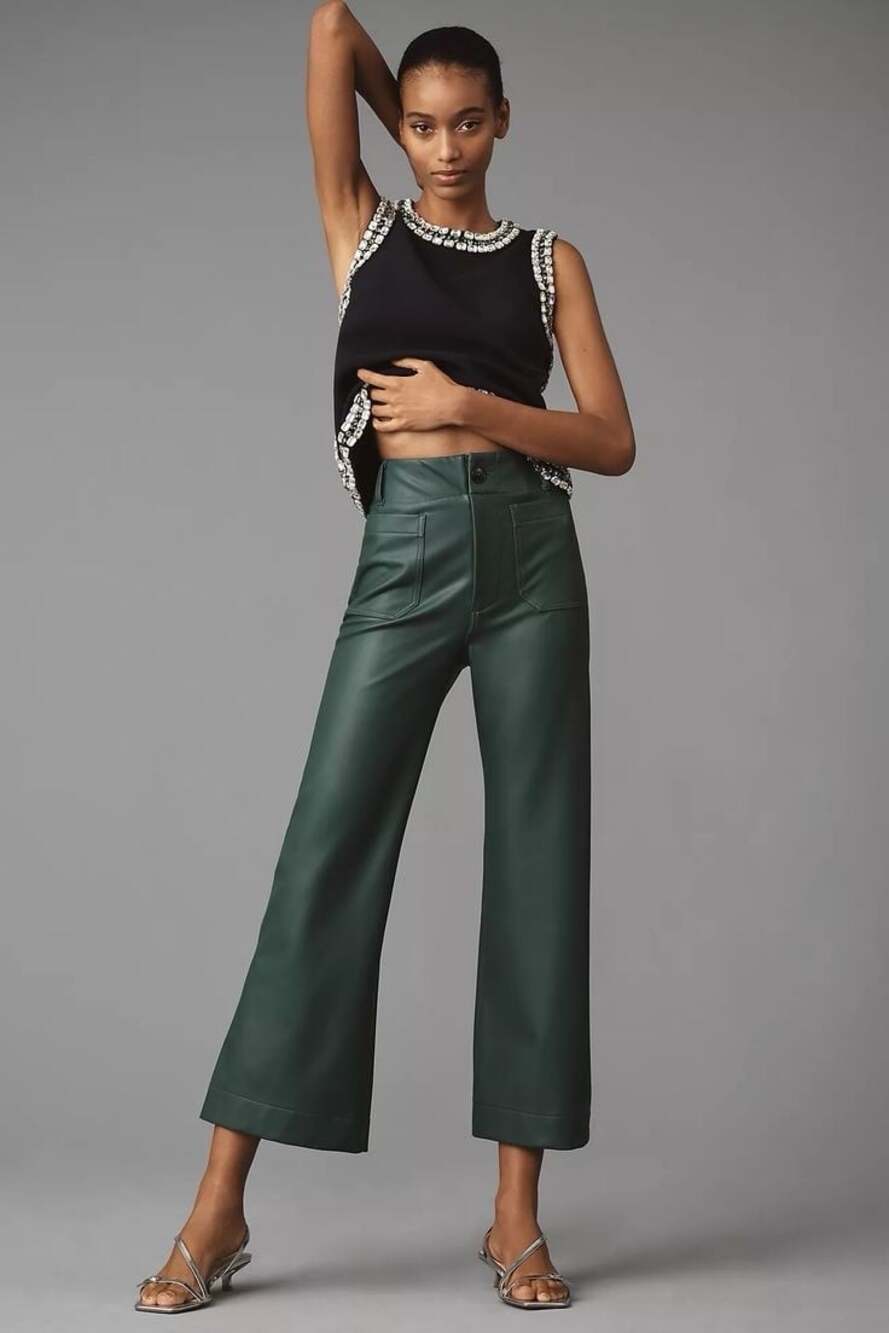 NWT Maeve Colette Anthropologie Wide Leg Faux Leather Pants Blue Teal 34 New